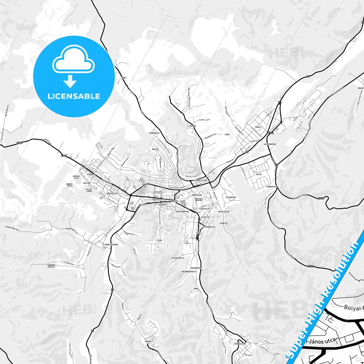 Ózd, Hungary Light Map with Street Names, City Names, and Districts