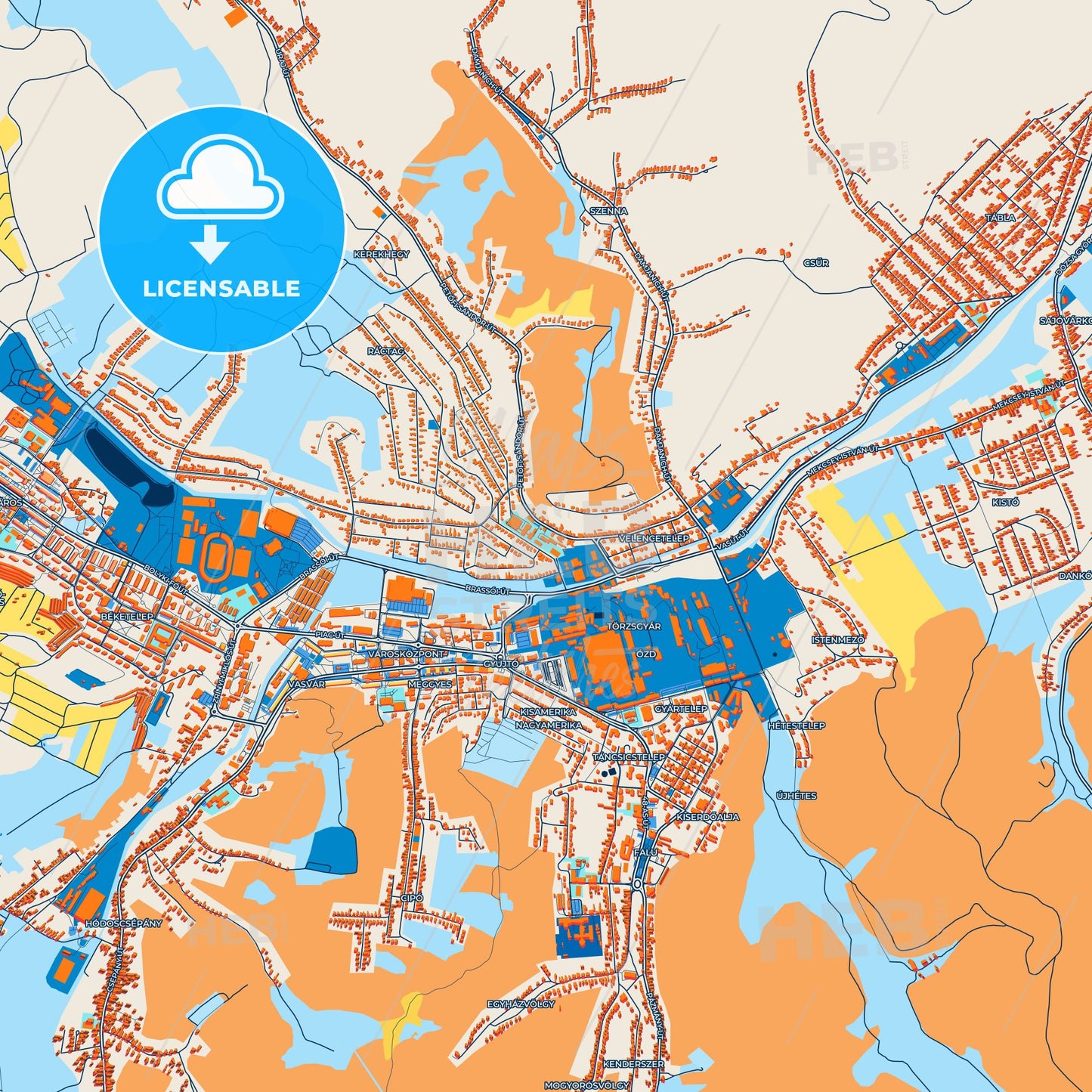 Colorful Ózd Street Map with Labels and Buildings
