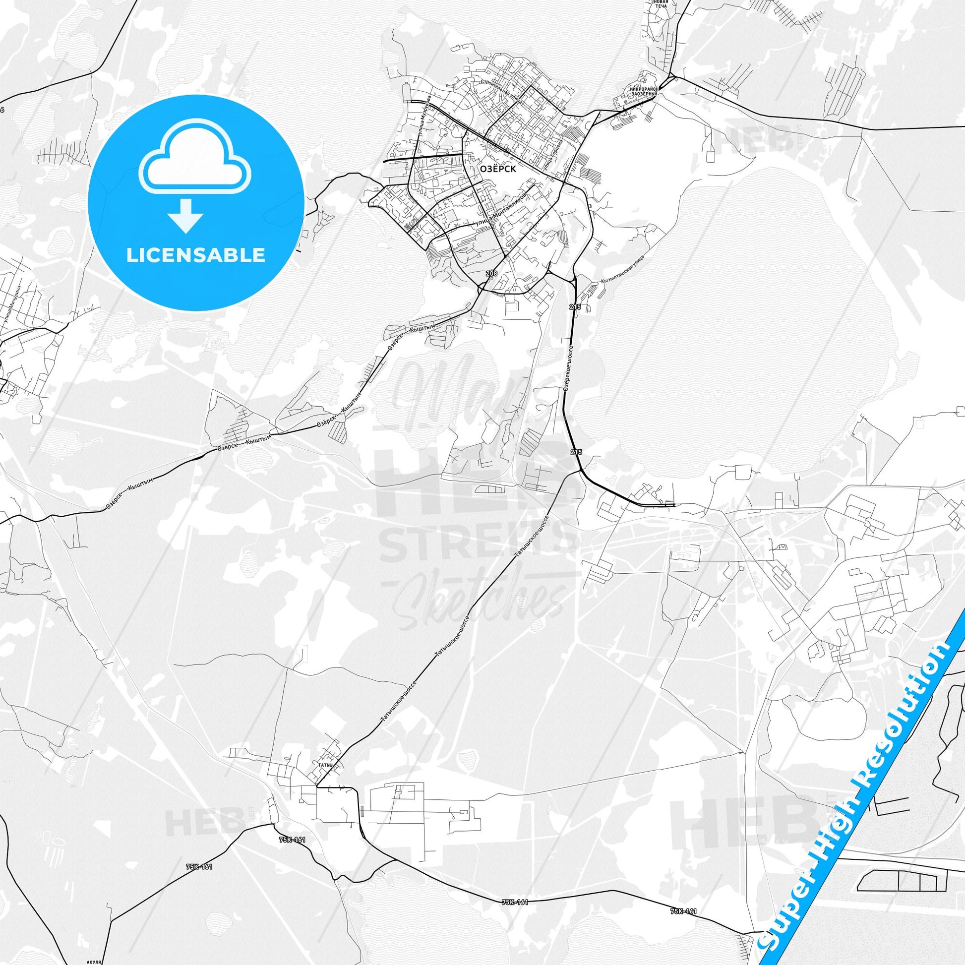 Ozyorsk, Russia light map with streetnames, citynames and districts