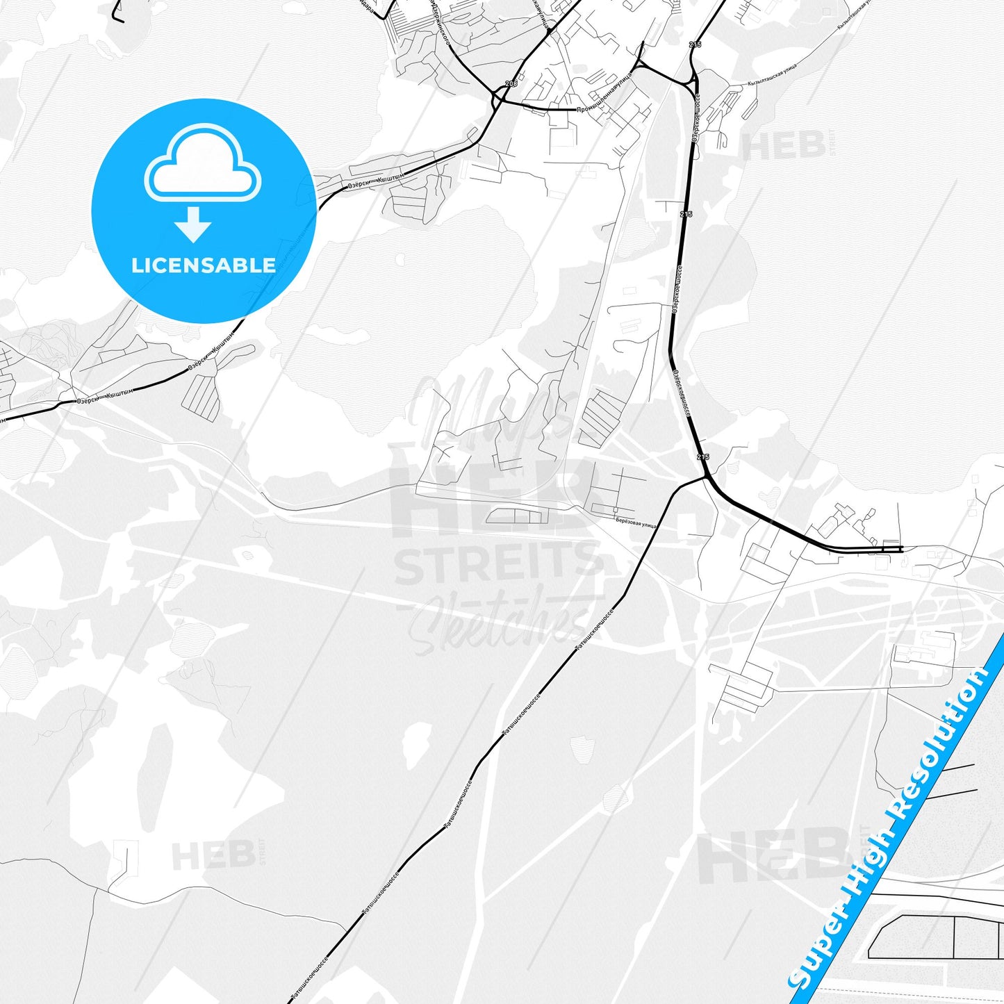 Ozyorsk, Russia Light Map with Street Names, City Names, and Districts