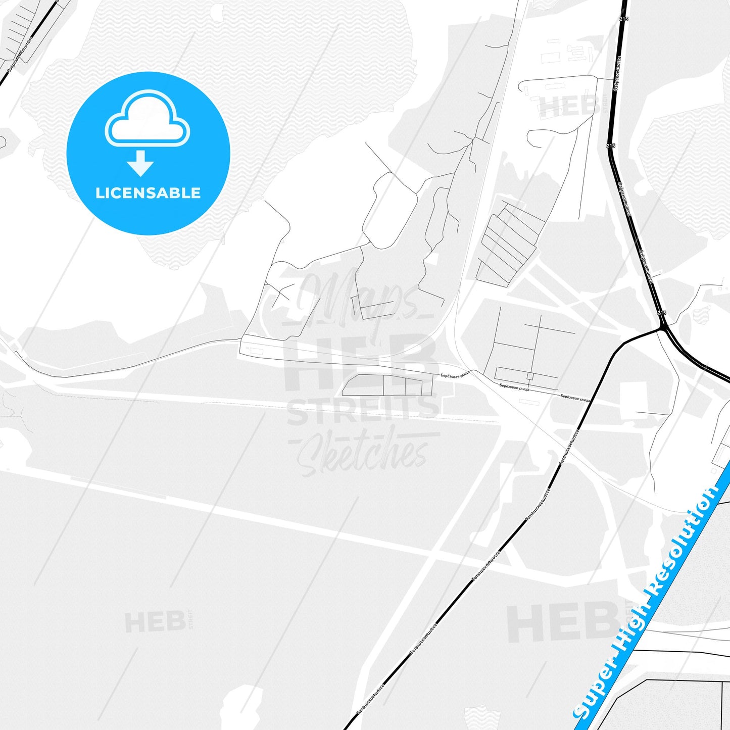 Ozyorsk, Russia Light Map with Street Names, City Names, and Districts