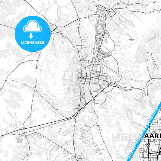 Paarl, South Africa light map with streetnames, citynames and districts