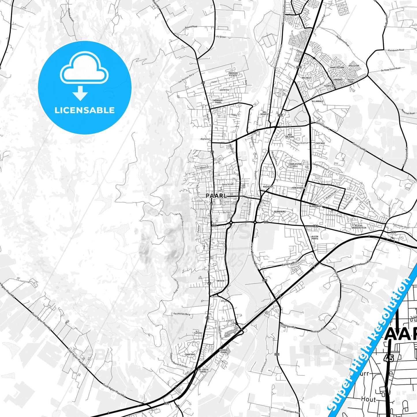 Paarl, South Africa Light Map with Street Names, City Names, and Districts