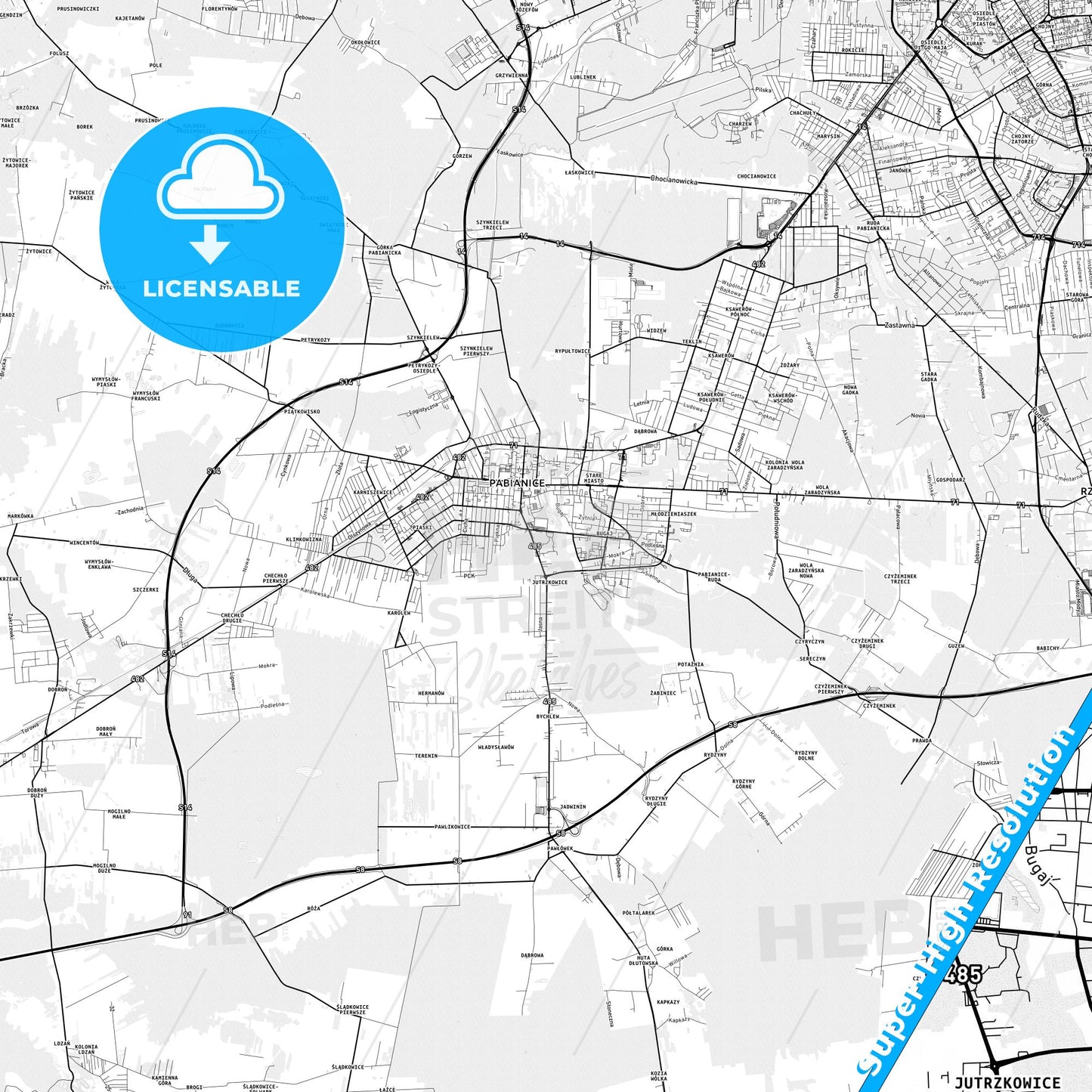 Pabianice, Poland light map with streetnames, citynames and districts