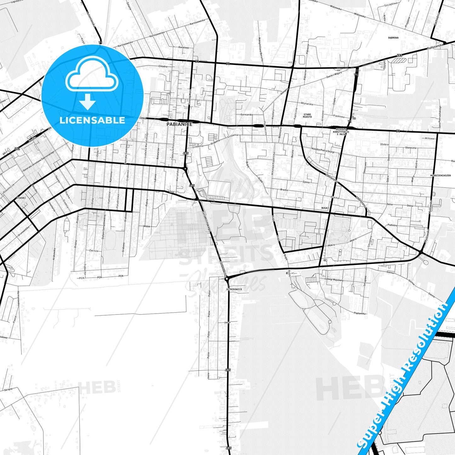 Pabianice, Poland Light Map with Street Names, City Names, and Districts