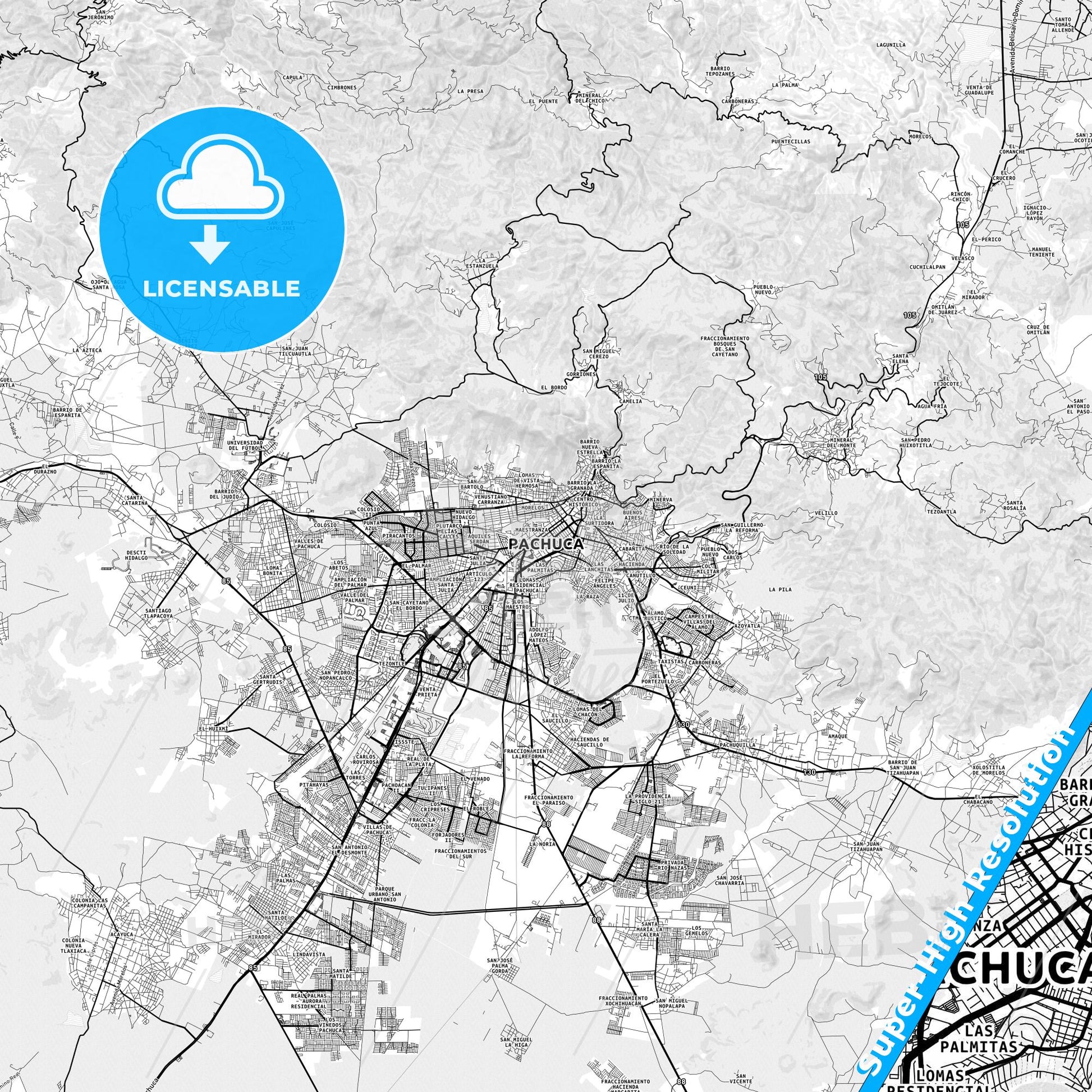 Pachuca, Mexico light map with streetnames, citynames and districts