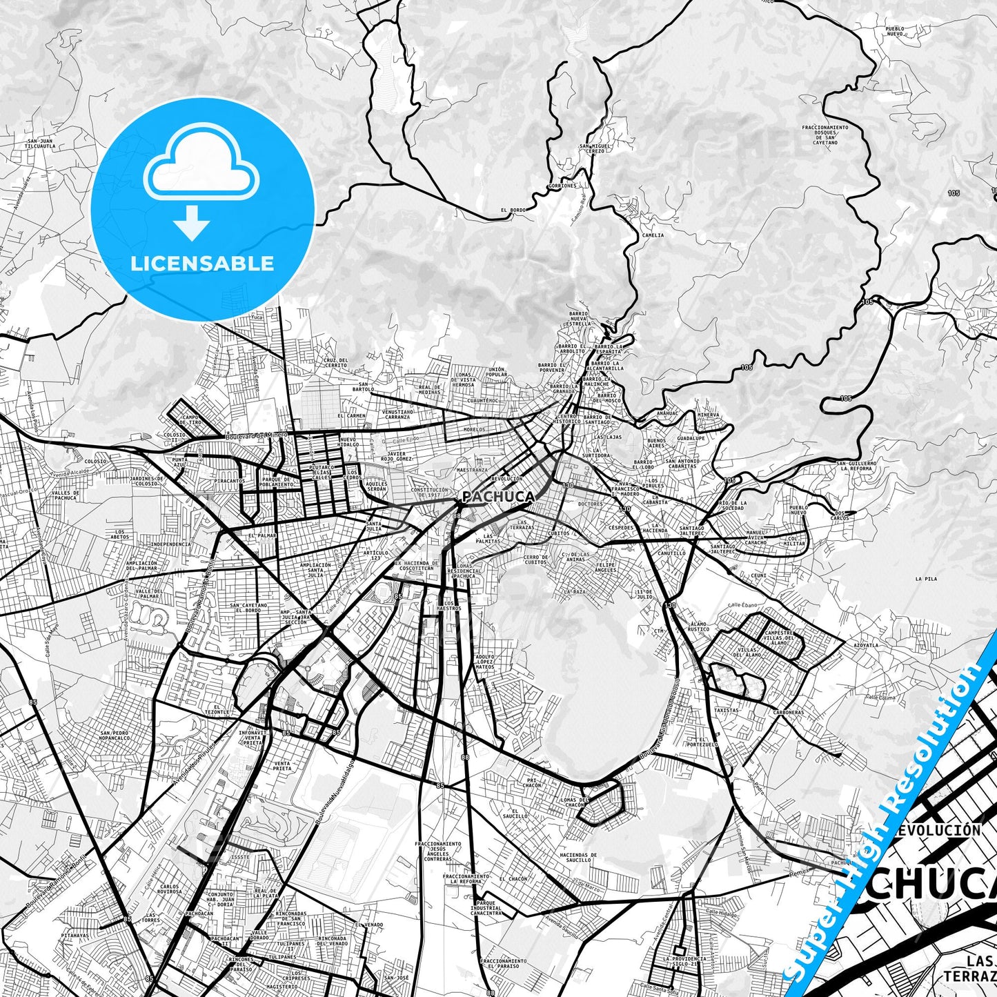 Pachuca, Mexico Light Map with Street Names, City Names, and Districts