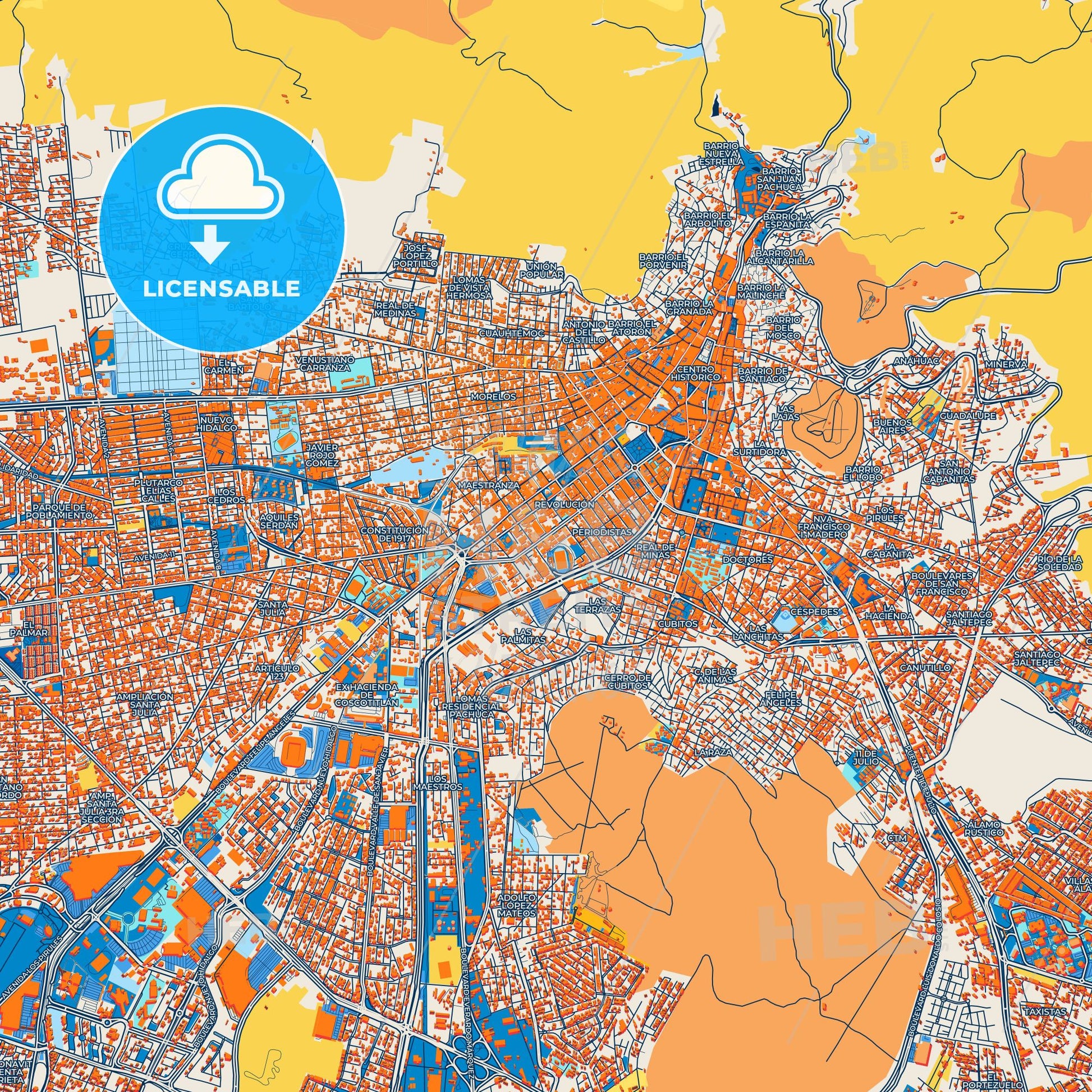 Colorful Pachuca Street Map with Labels and Buildings