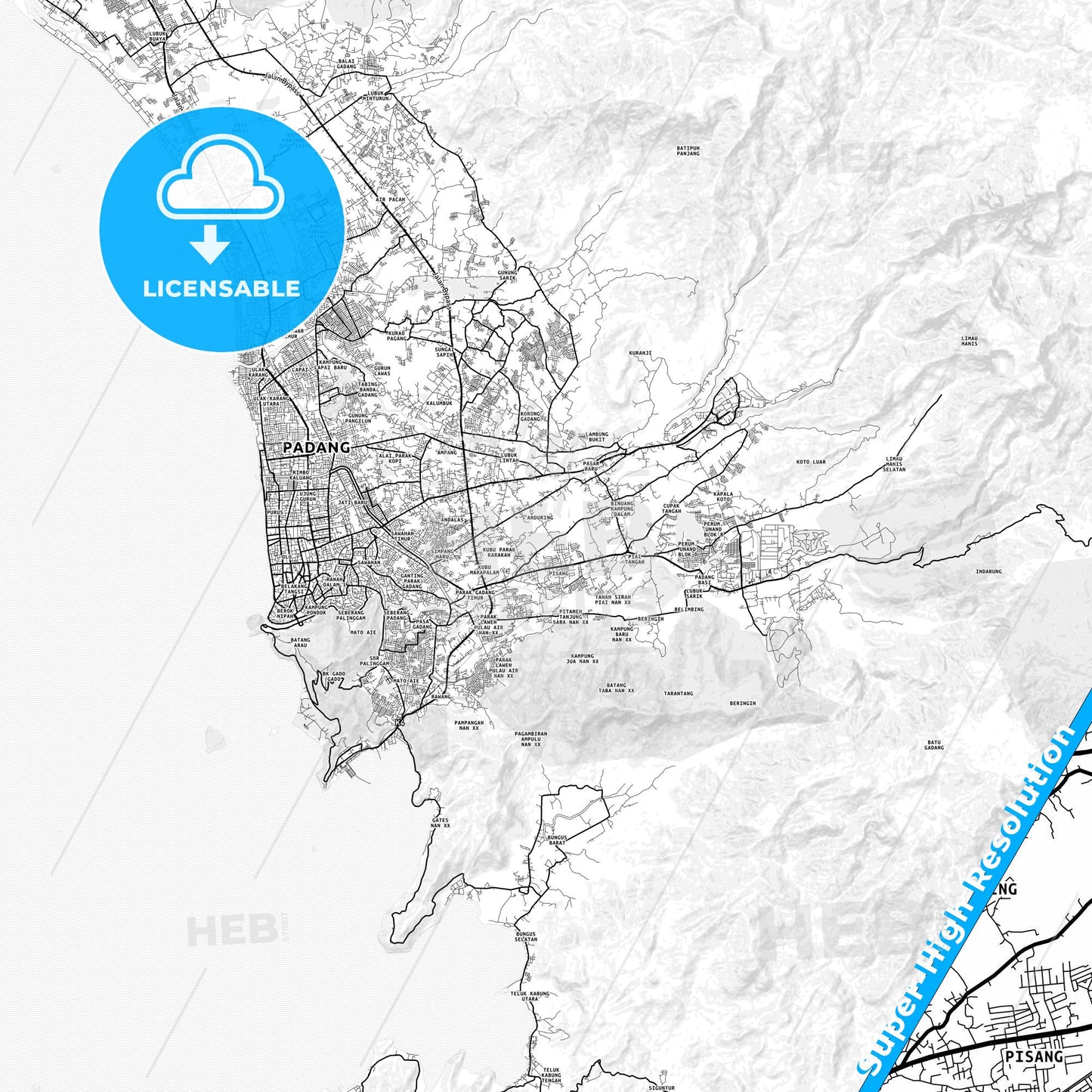 Padang, Indonesia light map with streetnames, citynames and districts