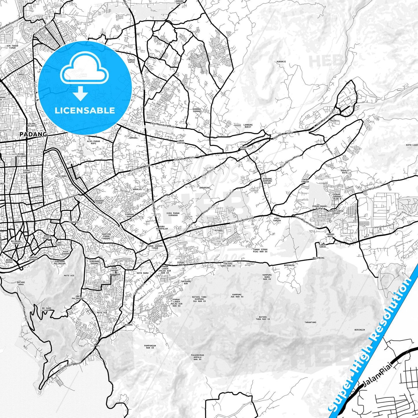 Padang, Indonesia Light Map with Street Names, City Names, and Districts
