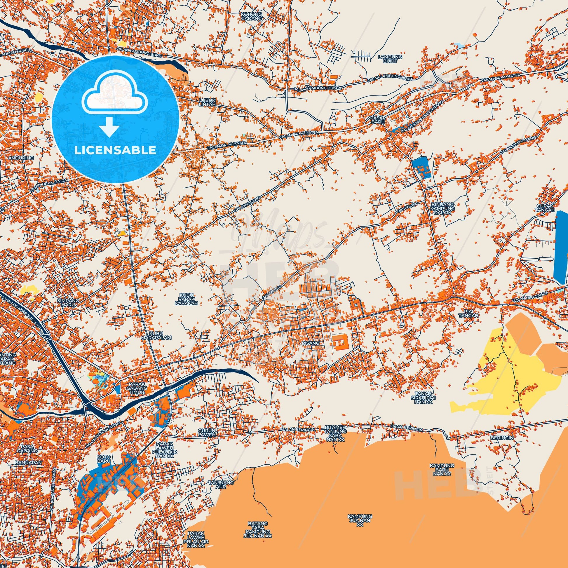 Colorful Padang Street Map with Labels and Buildings