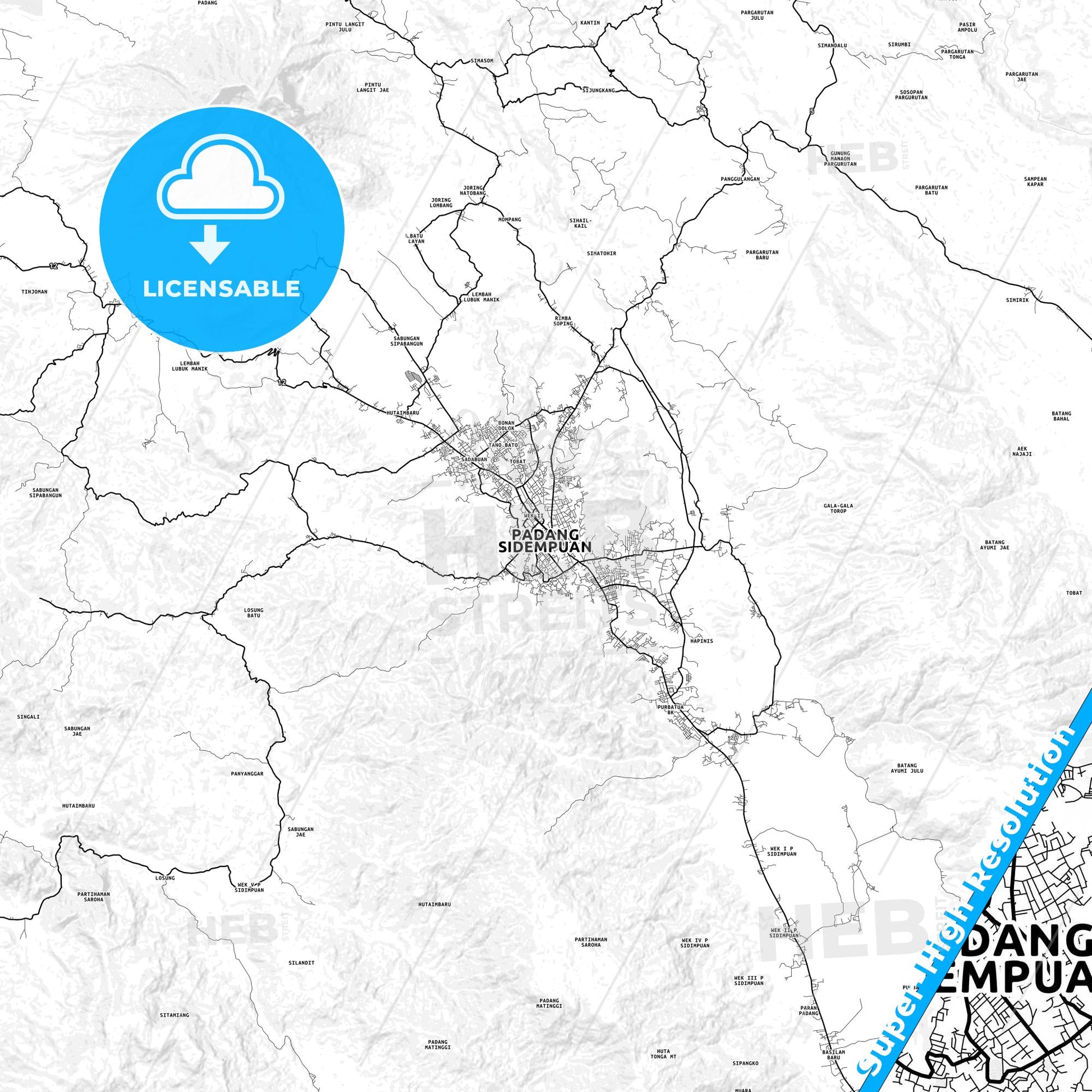 Padang Sidempuan, Indonesia light map with streetnames, citynames and districts