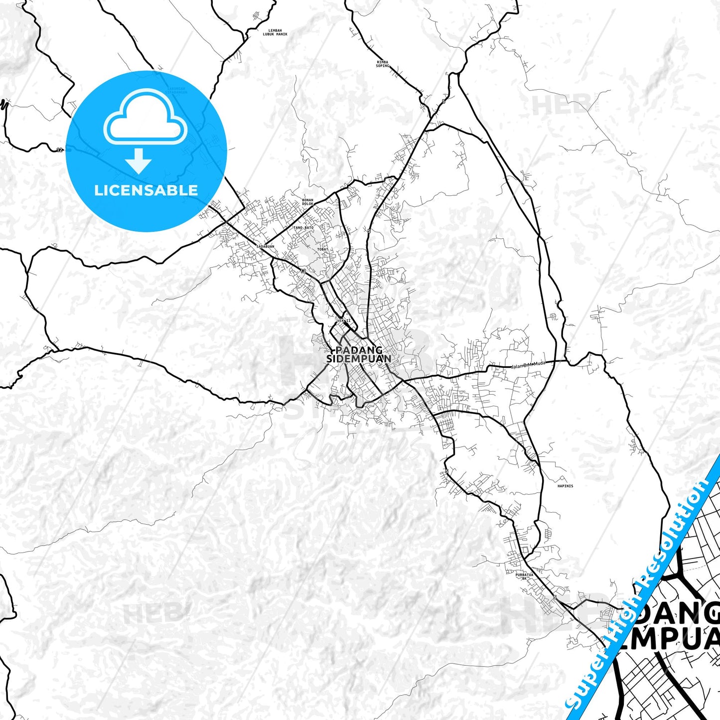 Padang Sidempuan, Indonesia Light Map with Street Names, City Names, and Districts