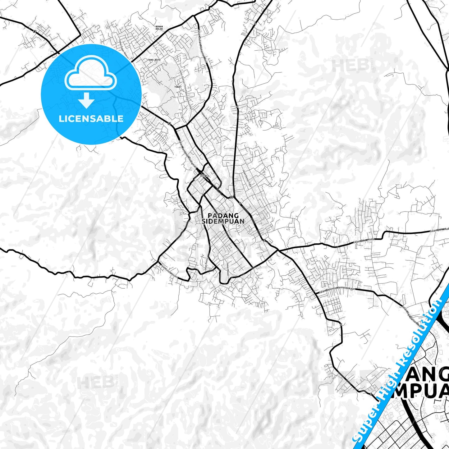 Padang Sidempuan, Indonesia Light Map with Street Names, City Names, and Districts