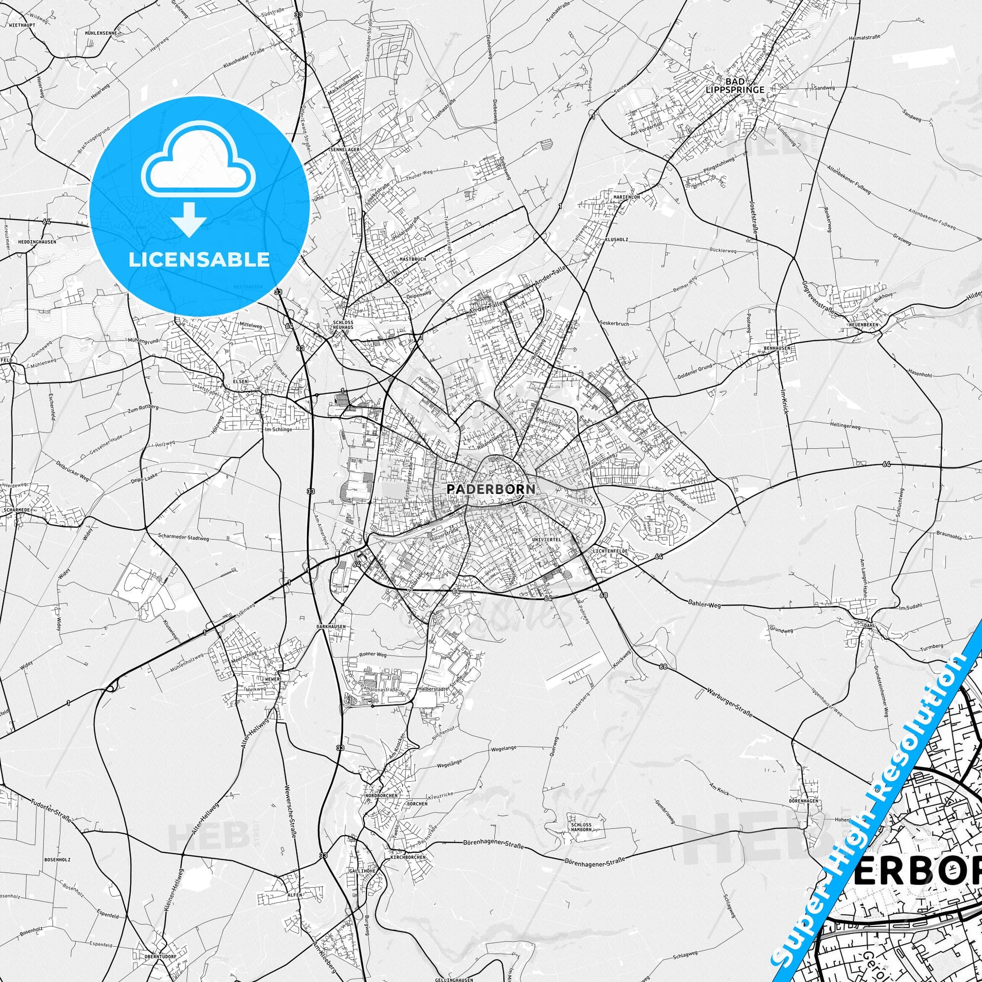 Paderborn, Germany light map with streetnames, citynames and districts