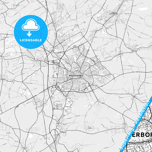 Paderborn, Germany light map with streetnames, citynames and districts