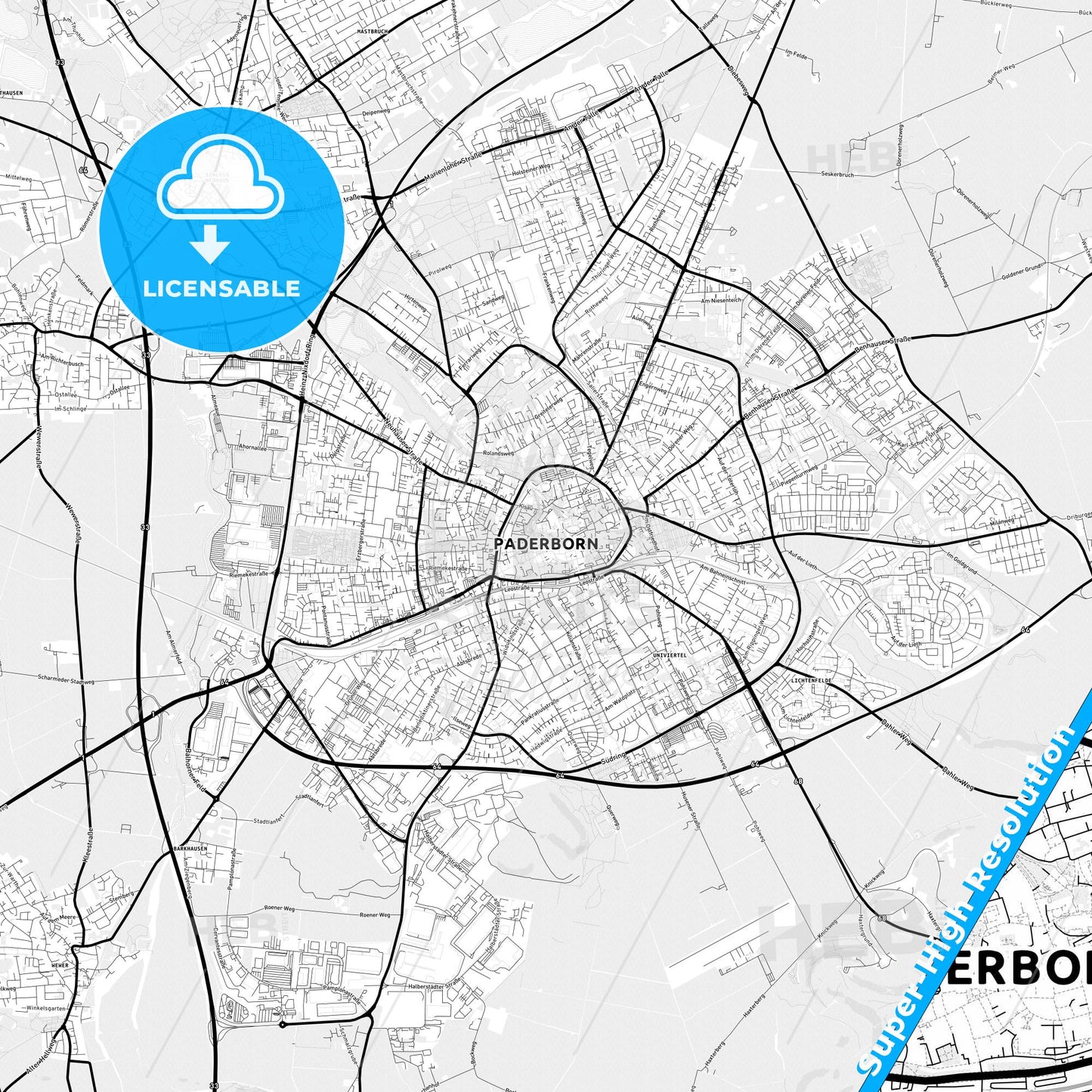 Paderborn, Germany Light Map with Street Names, City Names, and Districts