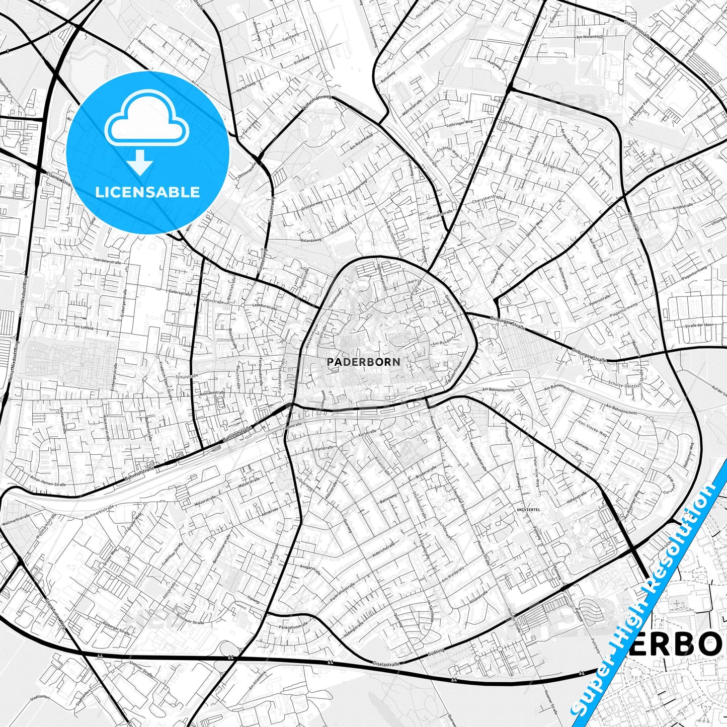 Paderborn, Germany Light Map with Street Names, City Names, and Districts