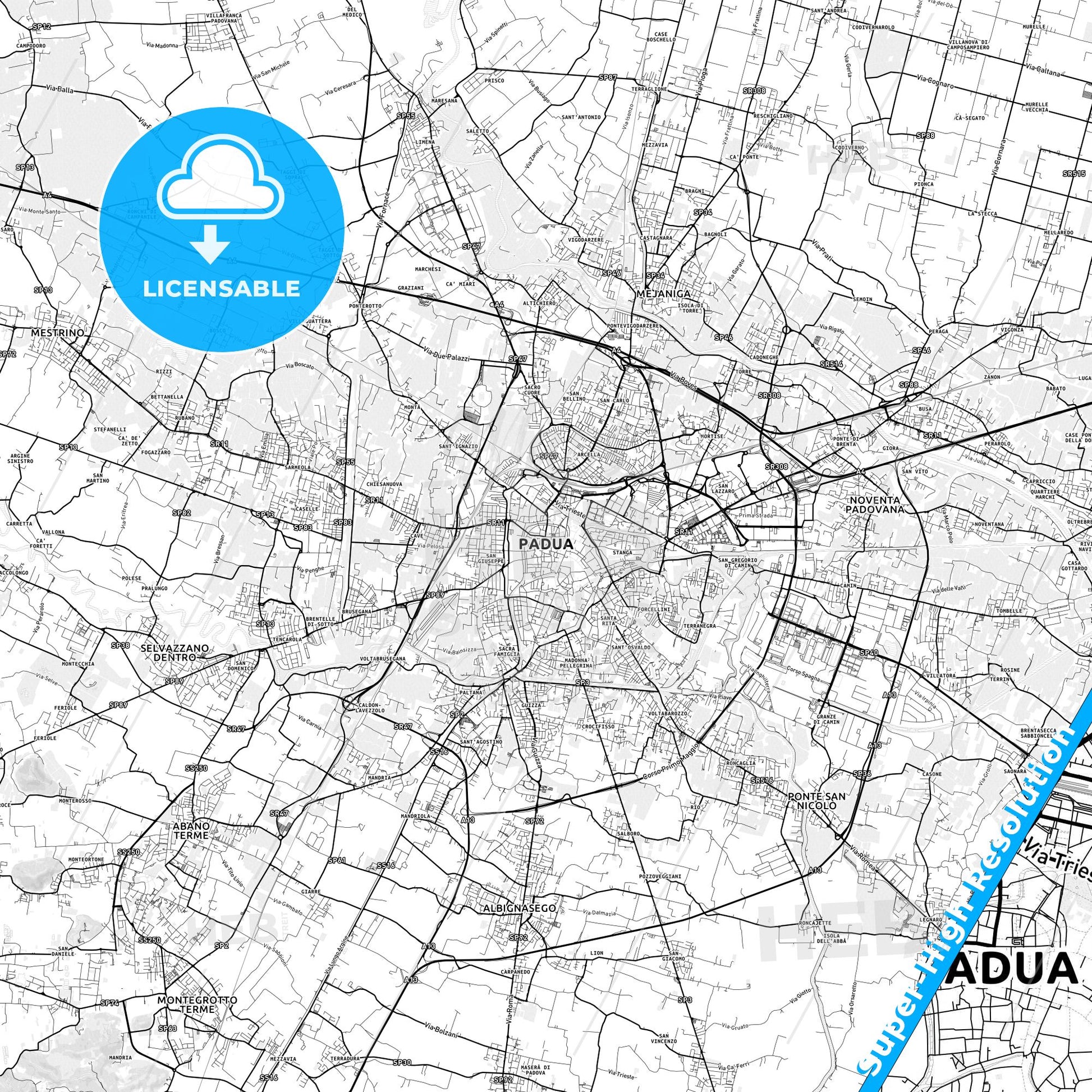 Padua, Italy light map with streetnames, citynames and districts