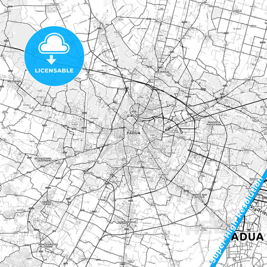 Padua, Italy light map with streetnames, citynames and districts