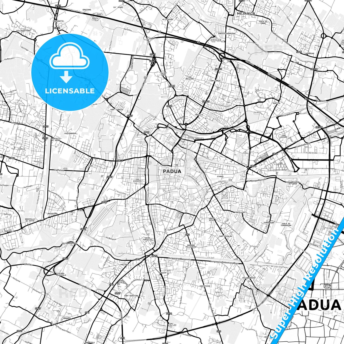 Padua, Italy Light Map with Street Names, City Names, and Districts
