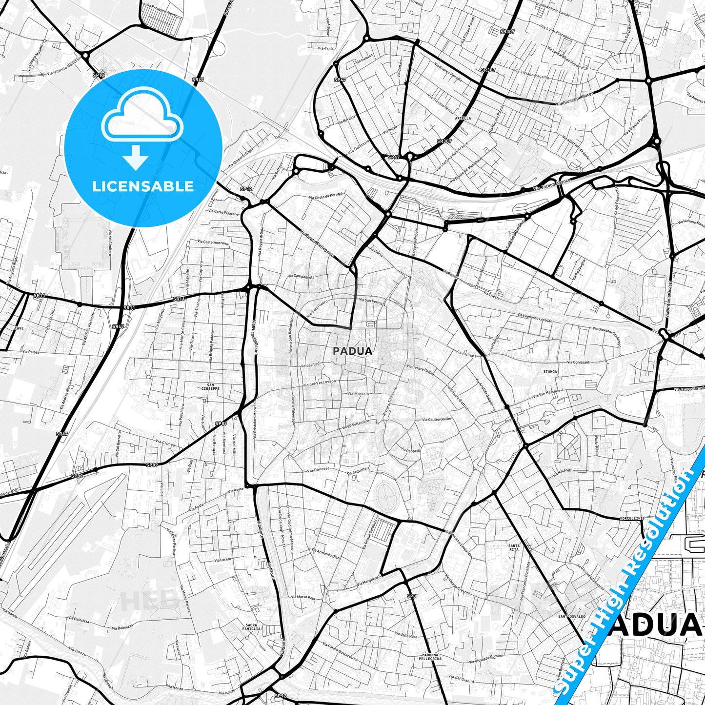 Padua, Italy Light Map with Street Names, City Names, and Districts