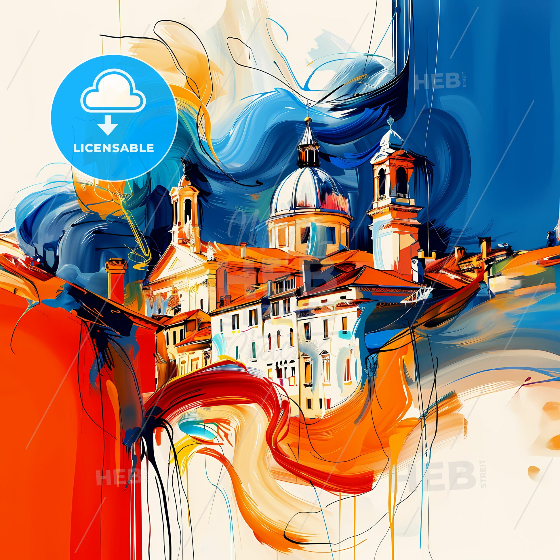 Vibrant Padova , Italy - A Painting Of A Building With A Dome And A Blue And Orange Background