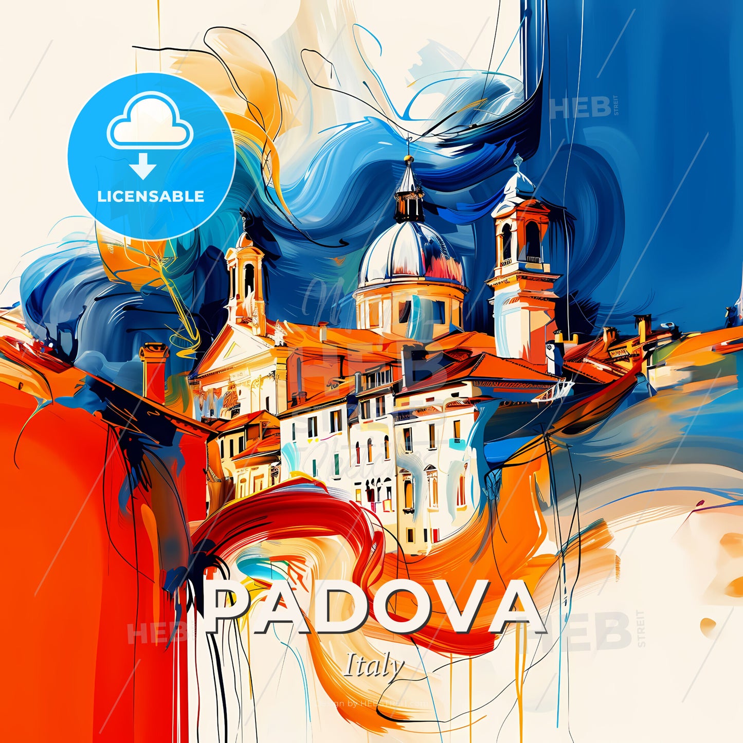 Vibrant Padova , Italy - A Painting Of A Building With A Dome And A Blue And Orange Background - Square format print template