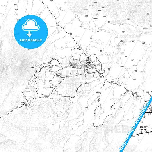Pagar Alam, Indonesia light map with streetnames, citynames and districts