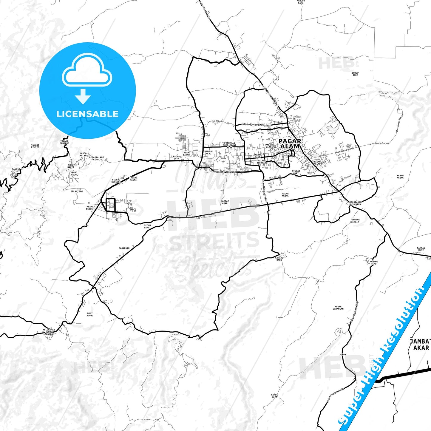 Pagar Alam, Indonesia Light Map with Street Names, City Names, and Districts