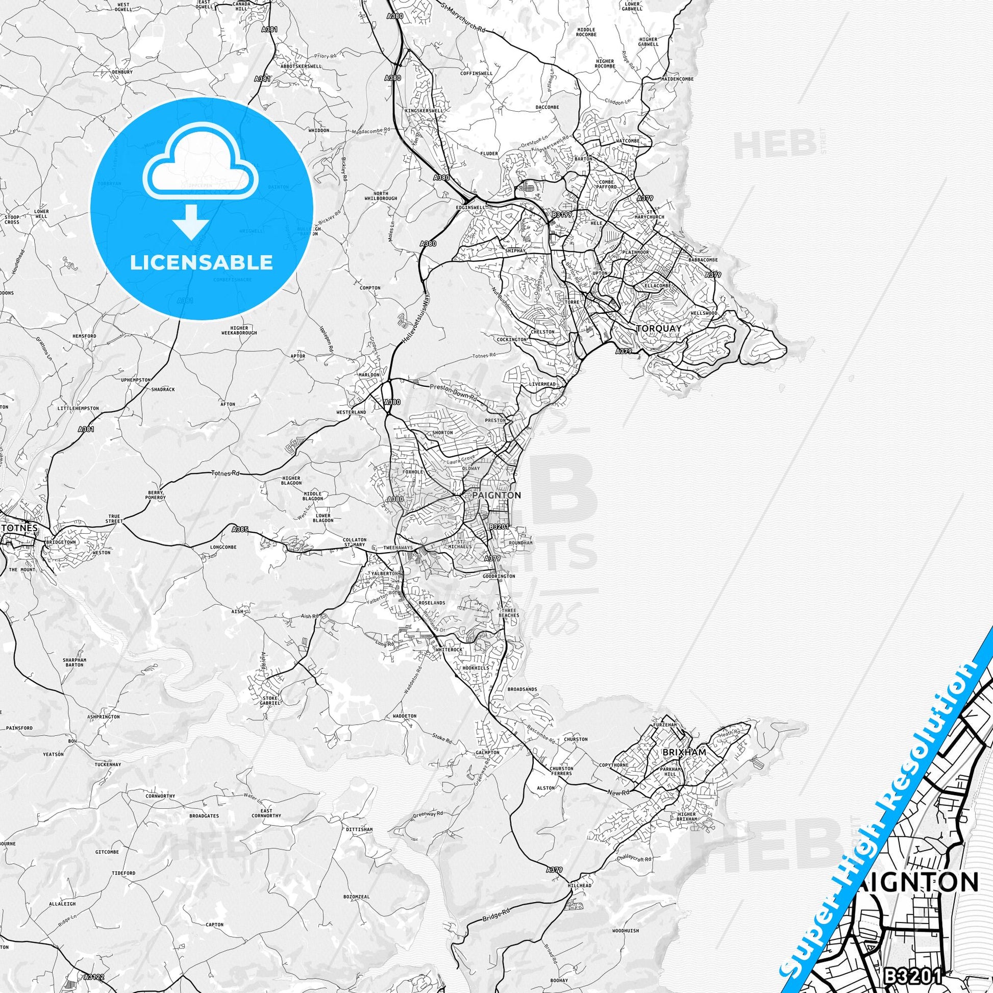 Paignton, England light map with streetnames, citynames and districts