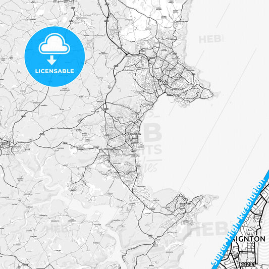 Paignton, England light map with streetnames, citynames and districts