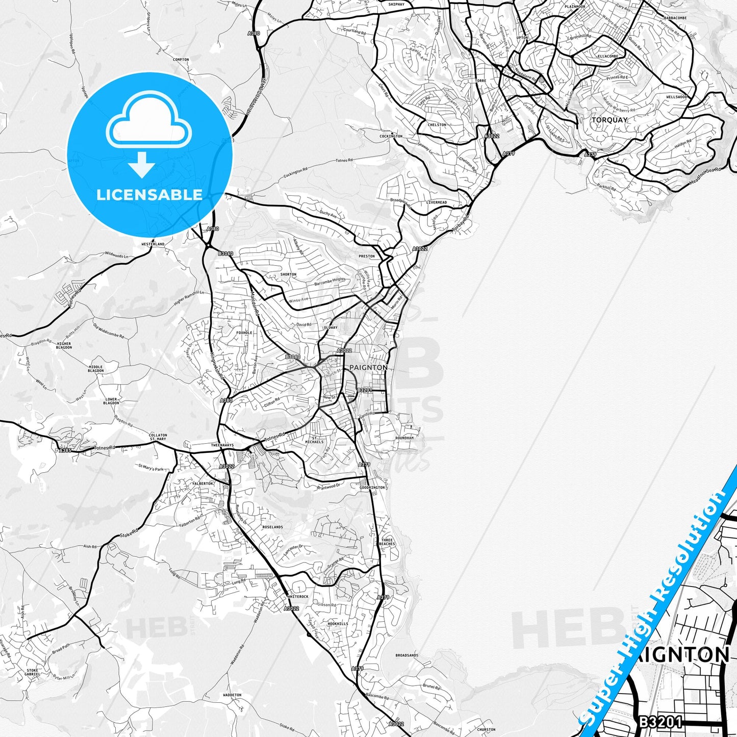 Paignton, England Light Map with Street Names, City Names, and Districts