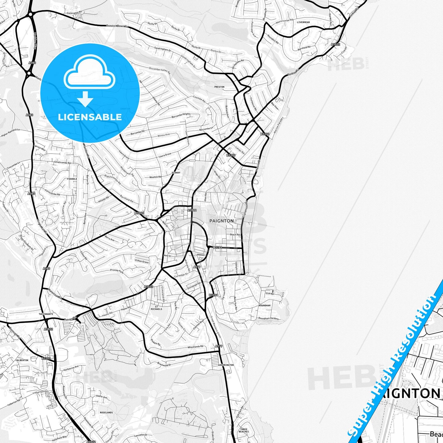 Paignton, England Light Map with Street Names, City Names, and Districts