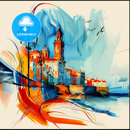 Vibrant Paignton, England - A Painting Of A City With A Tower And A Street Light