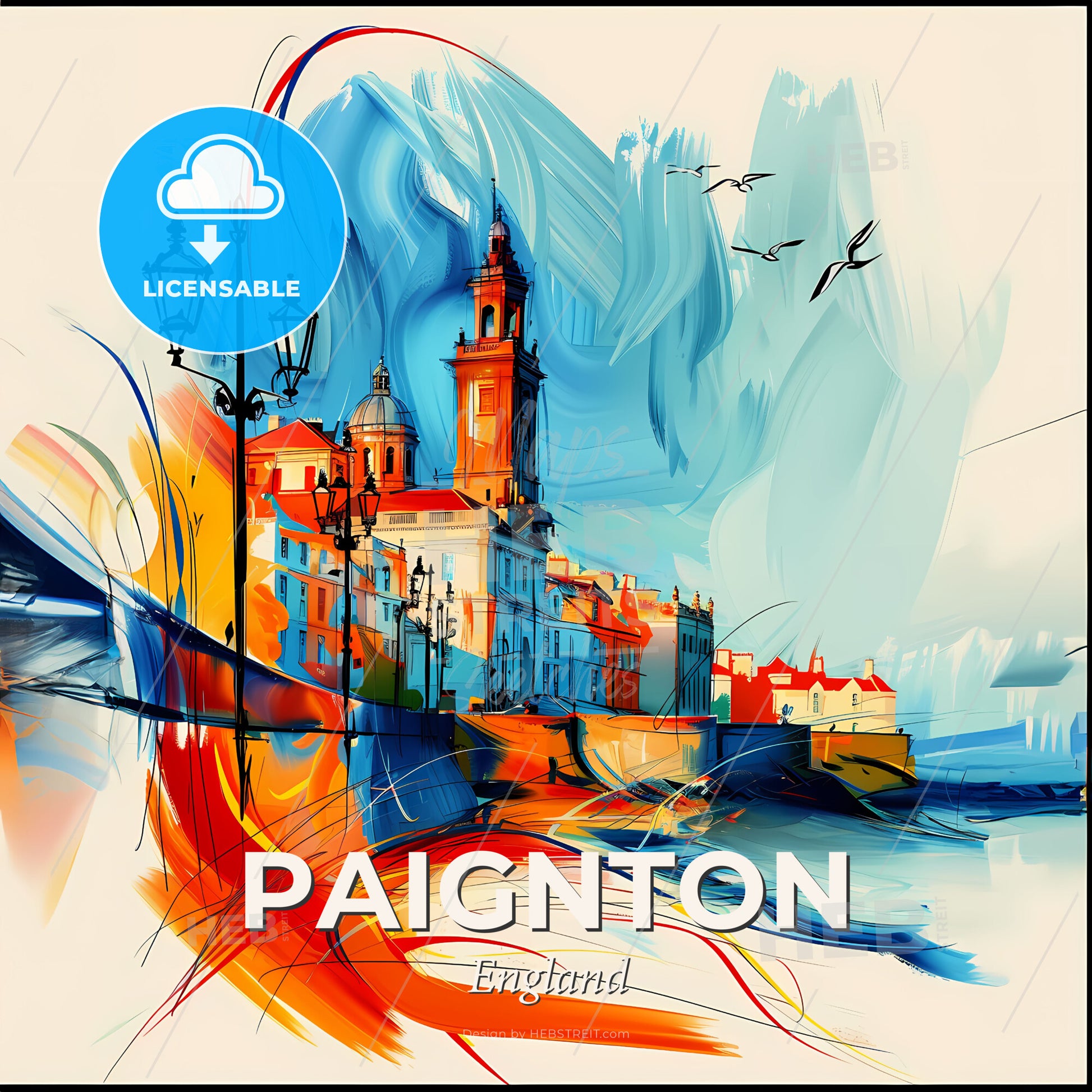 Vibrant Paignton, England - A Painting Of A City With A Tower And A Street Light - Square format print template