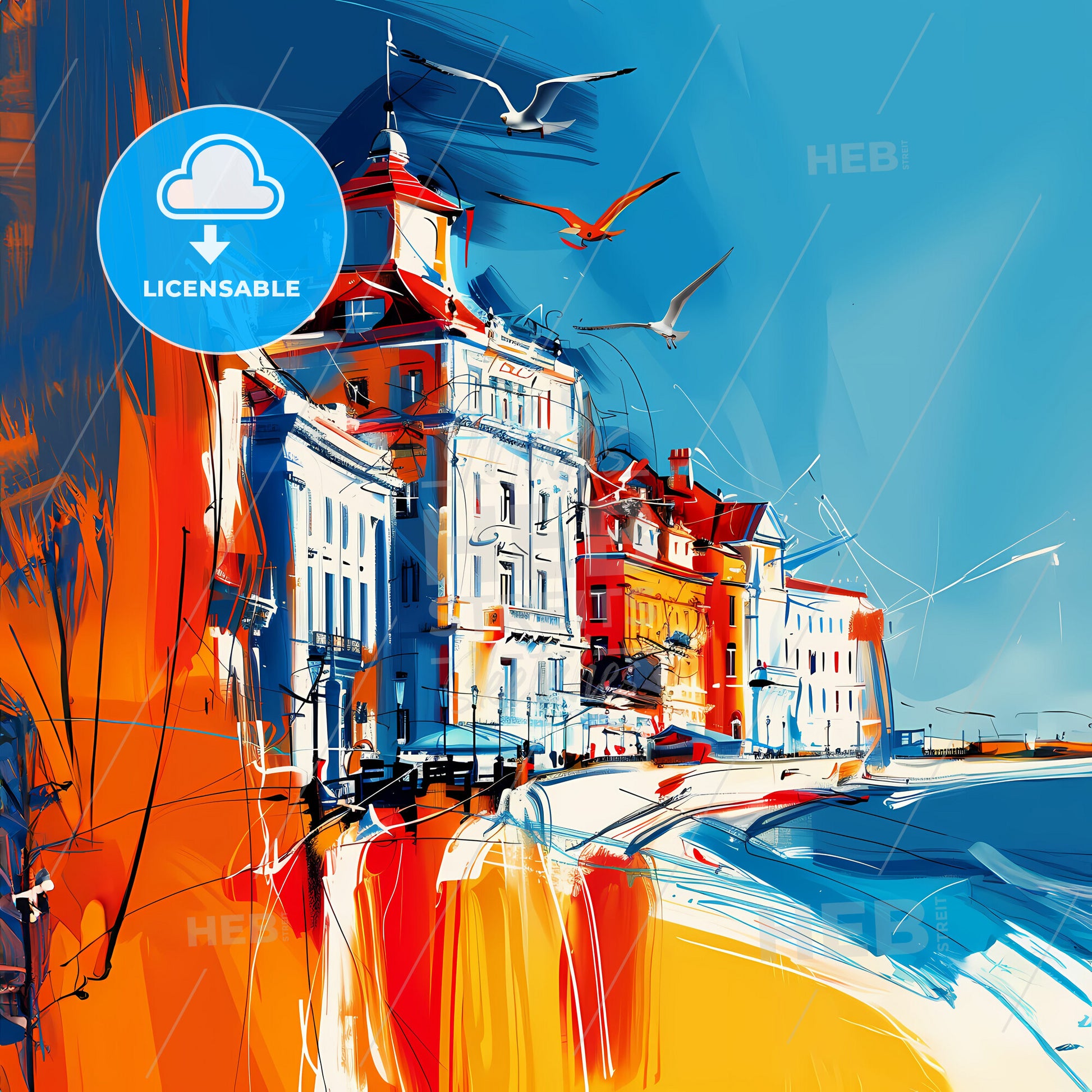 Vibrant Paignton, England - A Painting Of A Beach With Buildings And Birds Flying