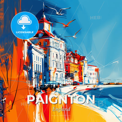 Vibrant Paignton, England - A Painting Of A Beach With Buildings And Birds Flying - Square format print template