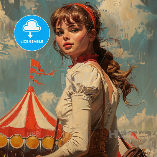 painting depicting a beautiful circus girl on the horse - A woman in a white dress