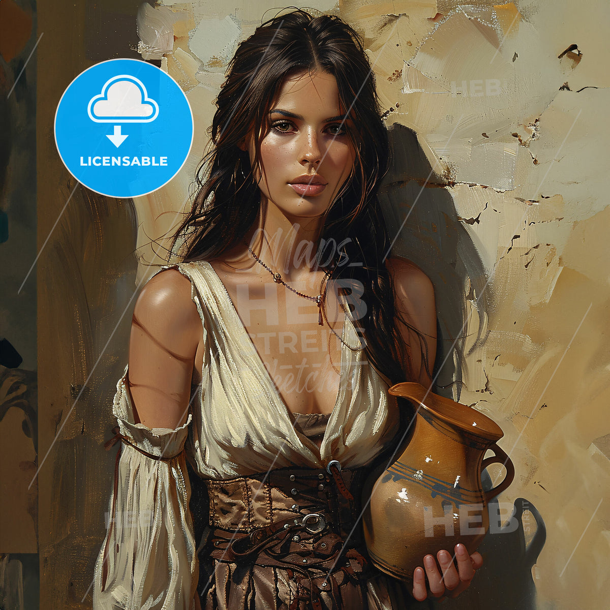 painting depicting a portrait of a beautiful Italian woman with a jug on the shoulder - A woman holding a jug