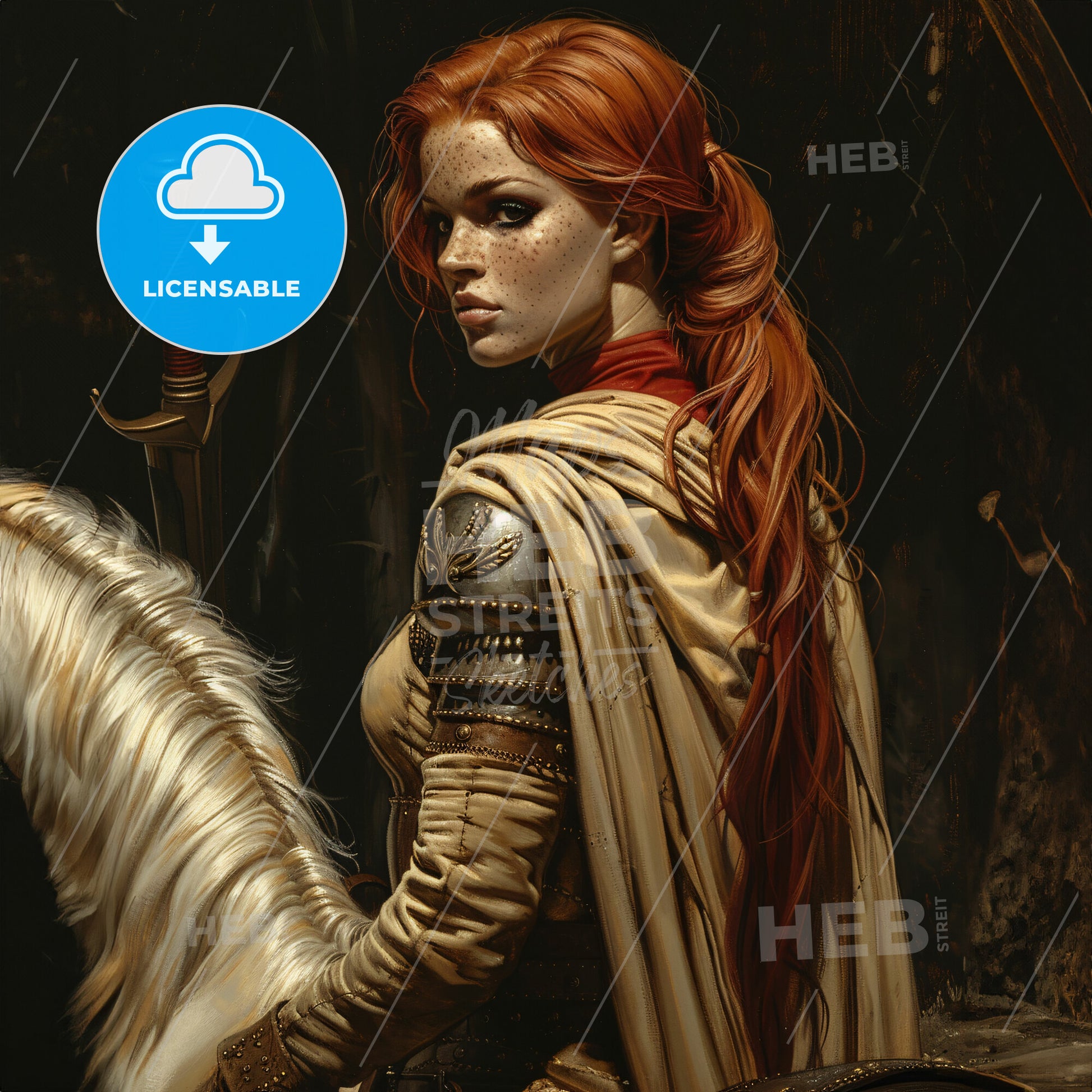 Painting Depicting A Portrait Of Joan Of Arc As Knight Riding A White - A Woman With Red Hair And A White Horse