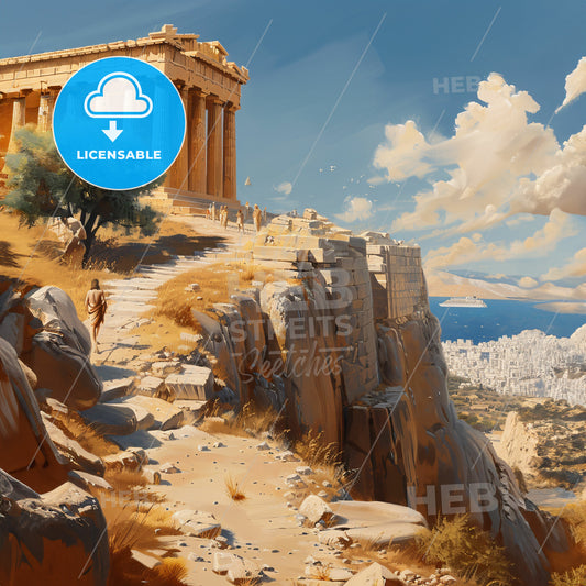 painting depicting an acropolis in ancient Greece - A stone path leading to a building on a cliff