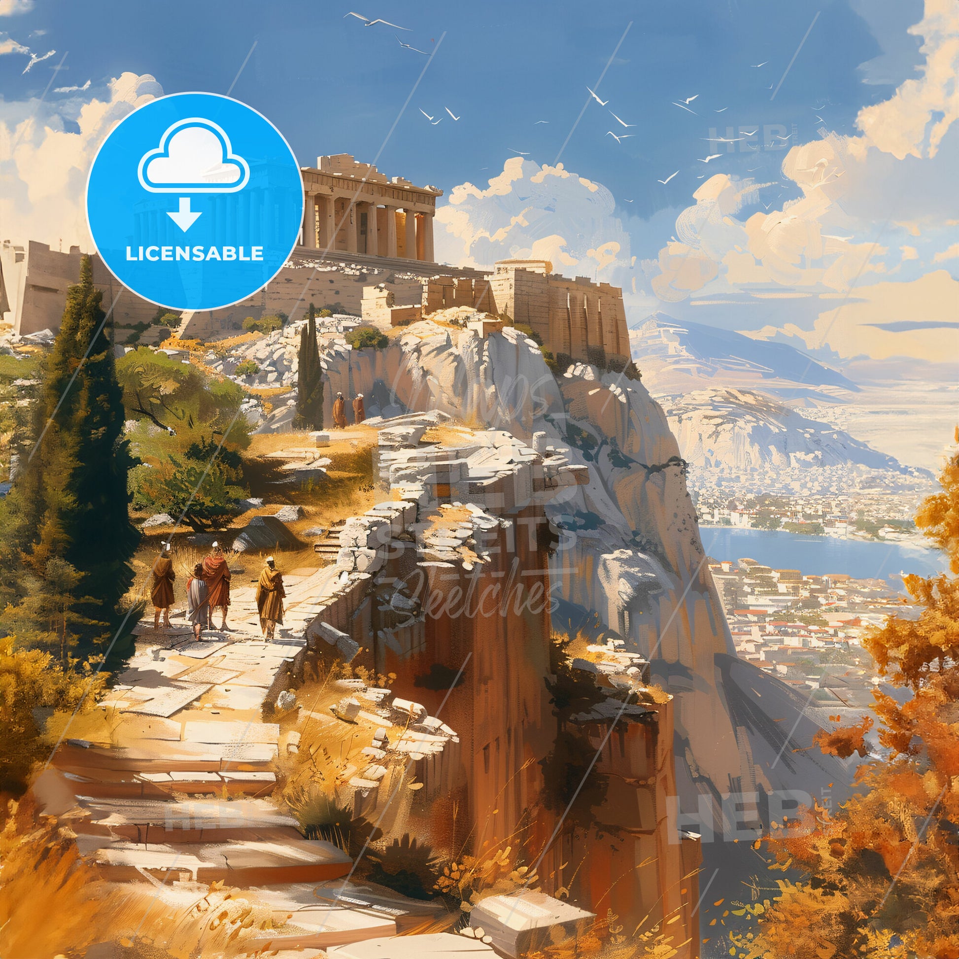 painting depicting an acropolis in ancient Greece - A group of people walking on a rocky hill with a building on top