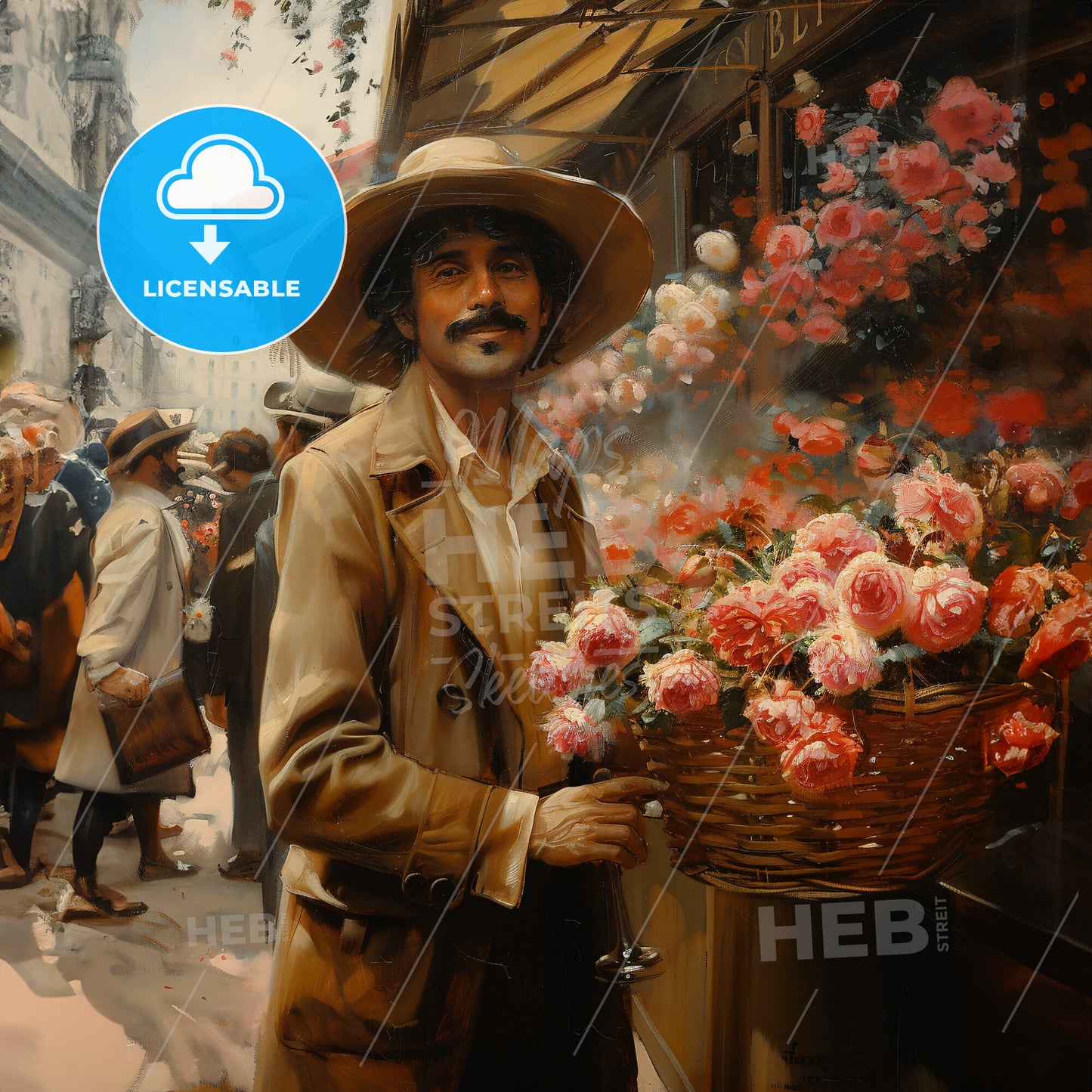 painting depicting an elderly flower seller with a basket of flowers in a summer restaurant - A man holding a basket of flowers