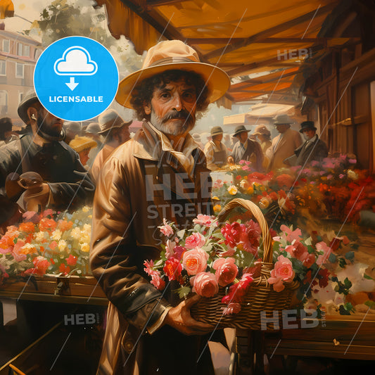 painting depicting an elderly flower seller with a basket of flowers in a summer restaurant - A man holding a basket of flowers