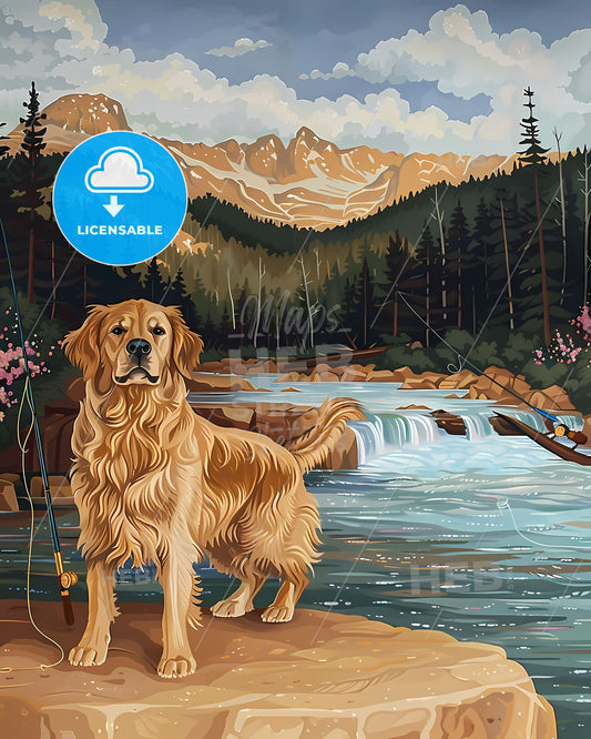 Artistic Golden Retriever Painting in Scenic Forest with Fly Fishing Rods and Riverside Environment
