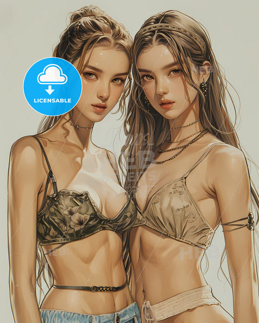 Dynamic Art Sketch of Female Models in Oriental Garments: Organic Azure and Brown Hues, Emphasizing Anatomy and Artistic Expression