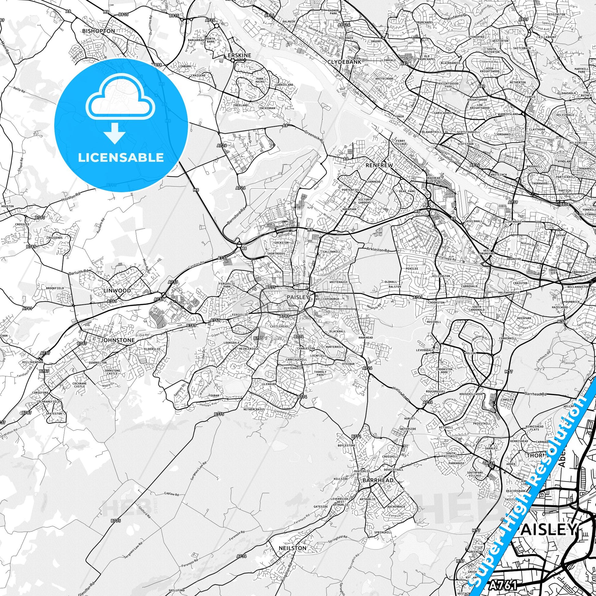 Paisley, Scotland light map with streetnames, citynames and districts