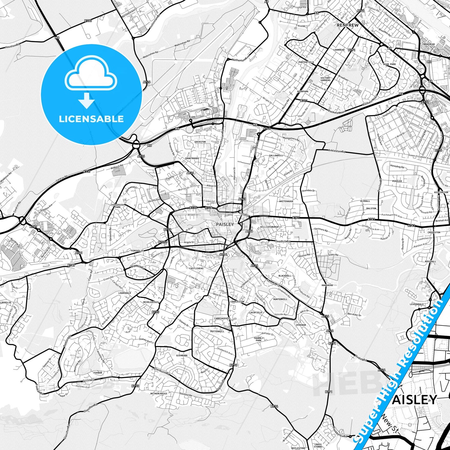 Paisley, Scotland Light Map with Street Names, City Names, and Districts
