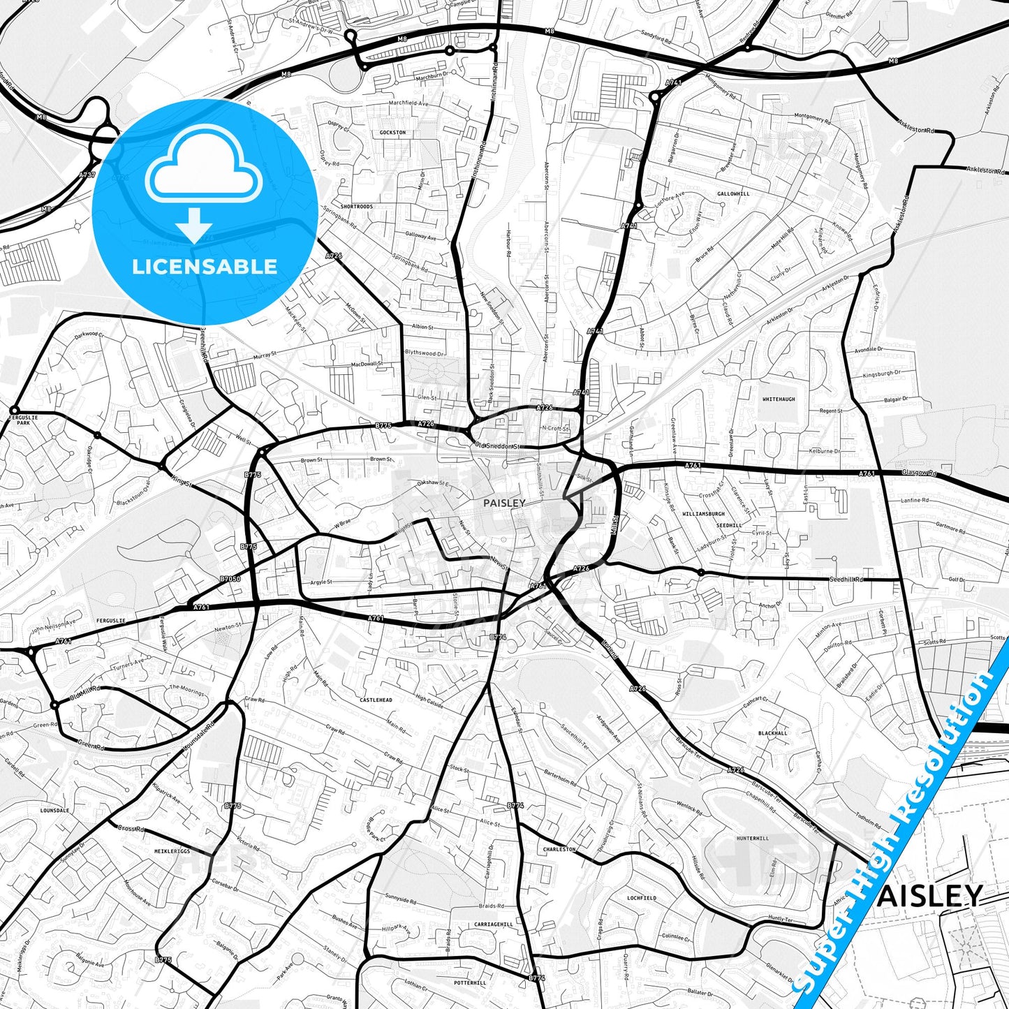 Paisley, Scotland Light Map with Street Names, City Names, and Districts